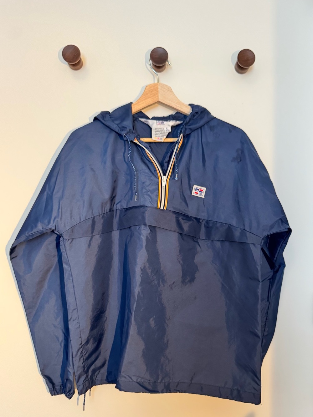 Navy Hooded Windbreaker Pullover with Striped Zip Trim